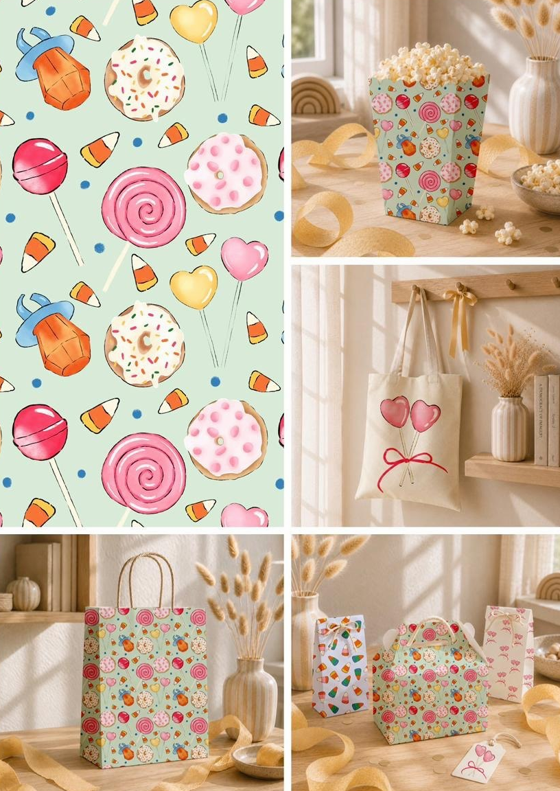 Surface pattern collections shown on pyjamas, gift wrap and a notebook alongside their repeats